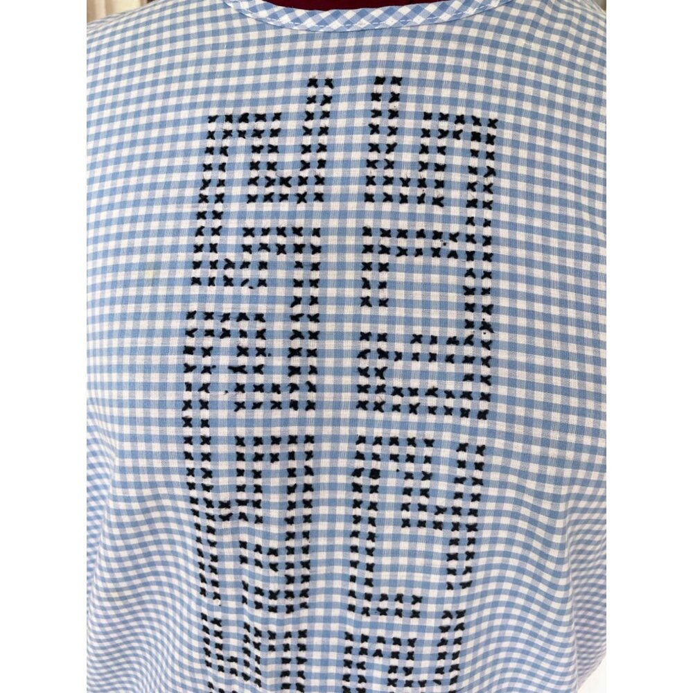 Vintage 1960s Blue White Gingham Checked Embroidered Cotton House Dress L/M - Picture 5 of 16